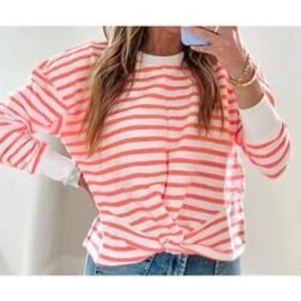Evereve Coral & White Striped Knot-Front Sweatshirt